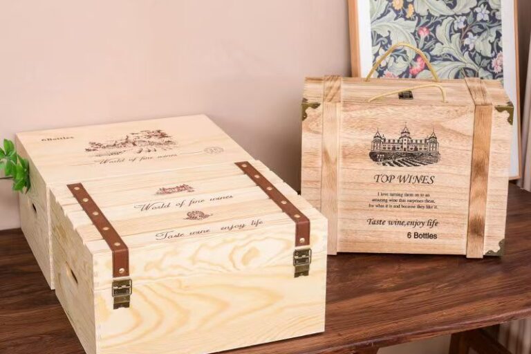 Custom Large Wooden Wine Box for Six Bottles Gift Packaging (1) Custom 6-Bottle Wooden Wine Box for Premium Wine Packaging