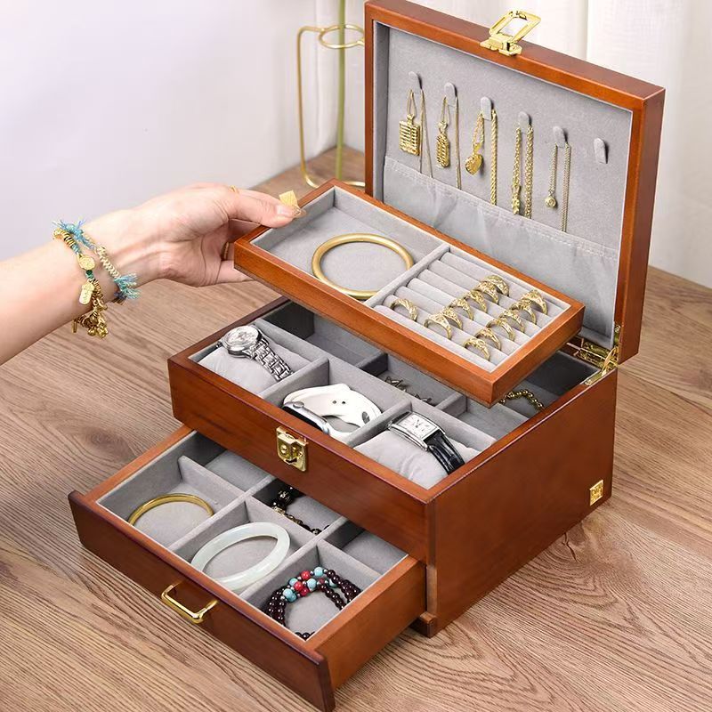 Vintage Large Capacity Wooden Jewelry Box Organizer