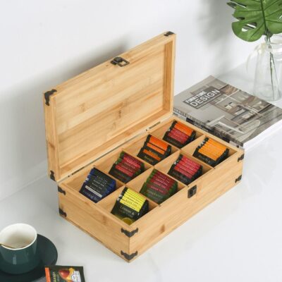 Natural 8-Compartment Wooden Tea Box with Eco Paint Finish