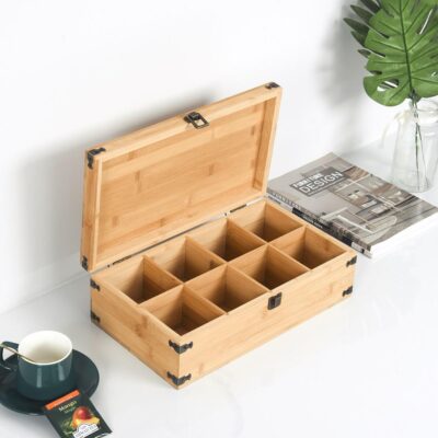 Natural 8-Compartment Wooden Tea Box with Eco Paint Finish