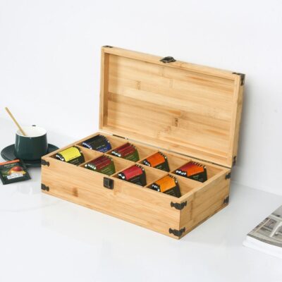 Natural 8-Compartment Wooden Tea Box with Eco Paint Finish