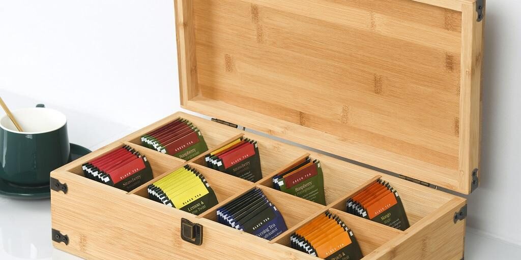 Natural 8-Compartment Wooden Tea Box with Eco Paint Finish