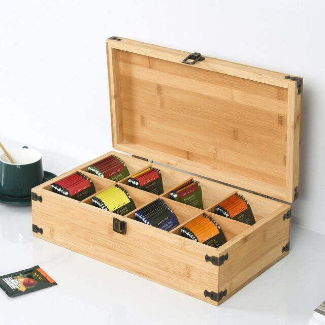 Natural 8-Compartment Wooden Tea Box with Eco Paint Finish