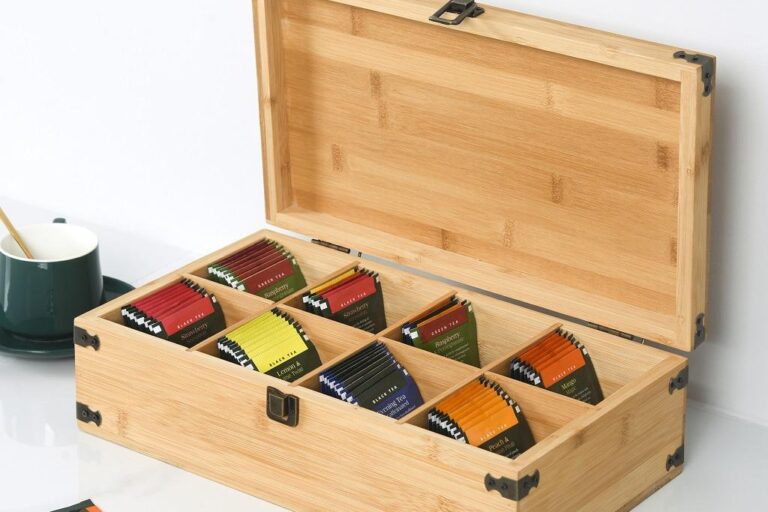 Eco-Friendly 8-Grid Wooden Tea Box for Tea Bag Storage (6) Natural 8-Compartment Wooden Tea Box with Eco Paint Finish