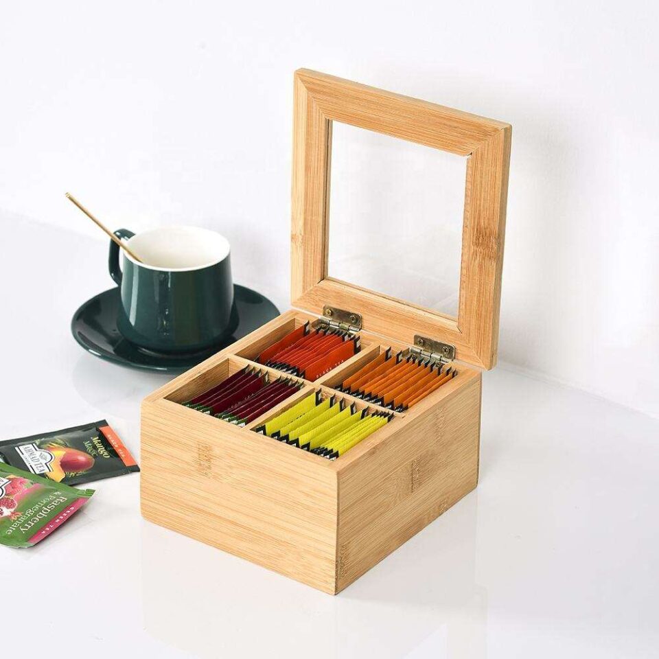 Mini 4-Compartment Wooden Tea Box with Acrylic Window