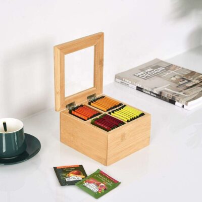 Mini 4-Compartment Wooden Tea Box with Acrylic Window