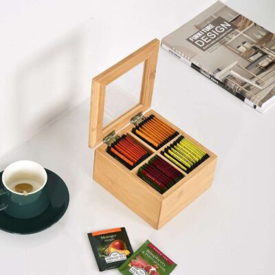 Mini 4-Compartment Wooden Tea Box with Acrylic Window