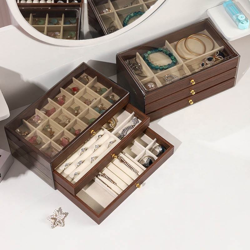 Luxury Stackable Wooden Jewelry Boxes with Dustproof Cover